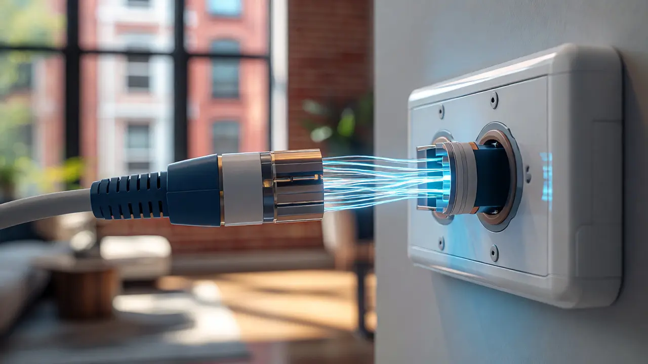 Fiber optic cable connecting to a terminal in a sunlit Chicago apartment
