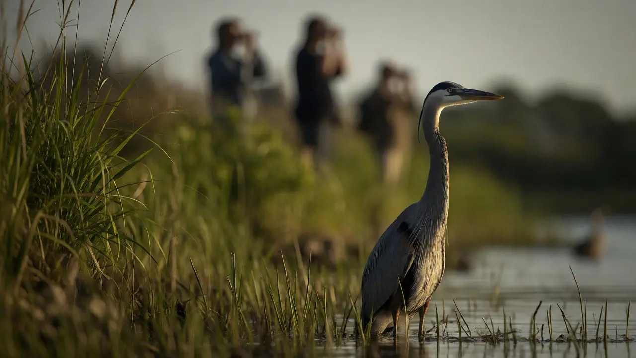 Great Blue Heron stalking fish in reeds at Montrose Bird Sanctuary