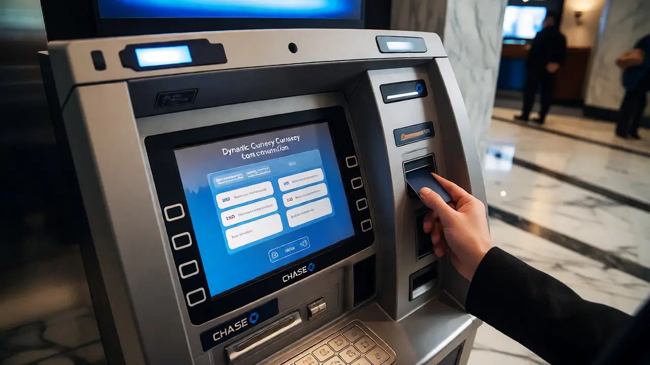 Hand using a bank ATM in Chicago avoiding fees