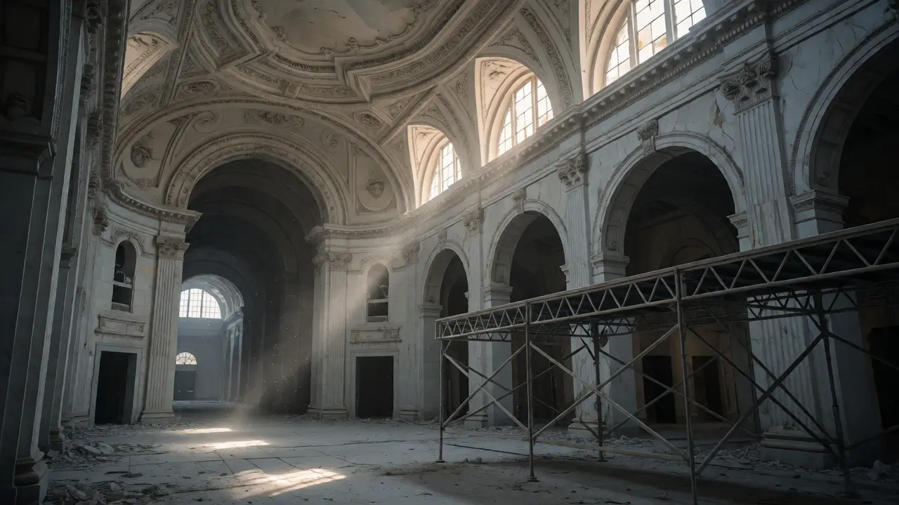 Interior of a gutted historic theater lobby with scaffolding and dust motes in sunlight.