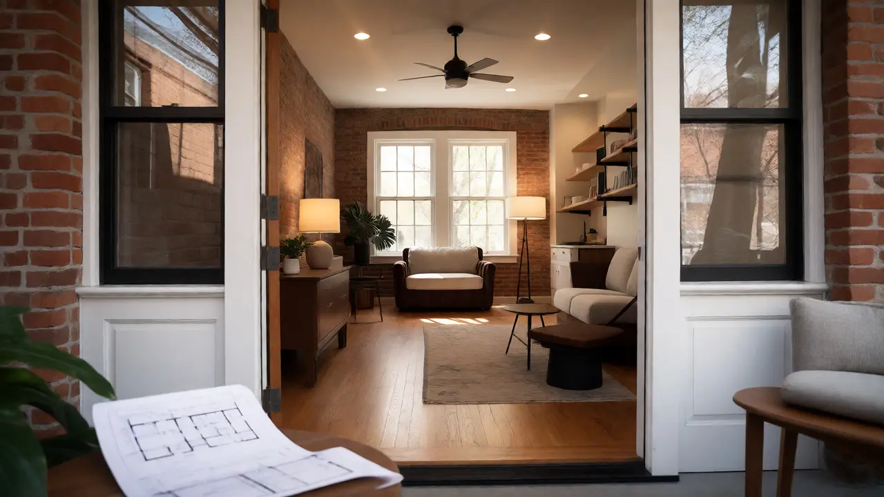 Interior of a renovated coach house with exposed brick and modern furnishings, viewed from the porch.