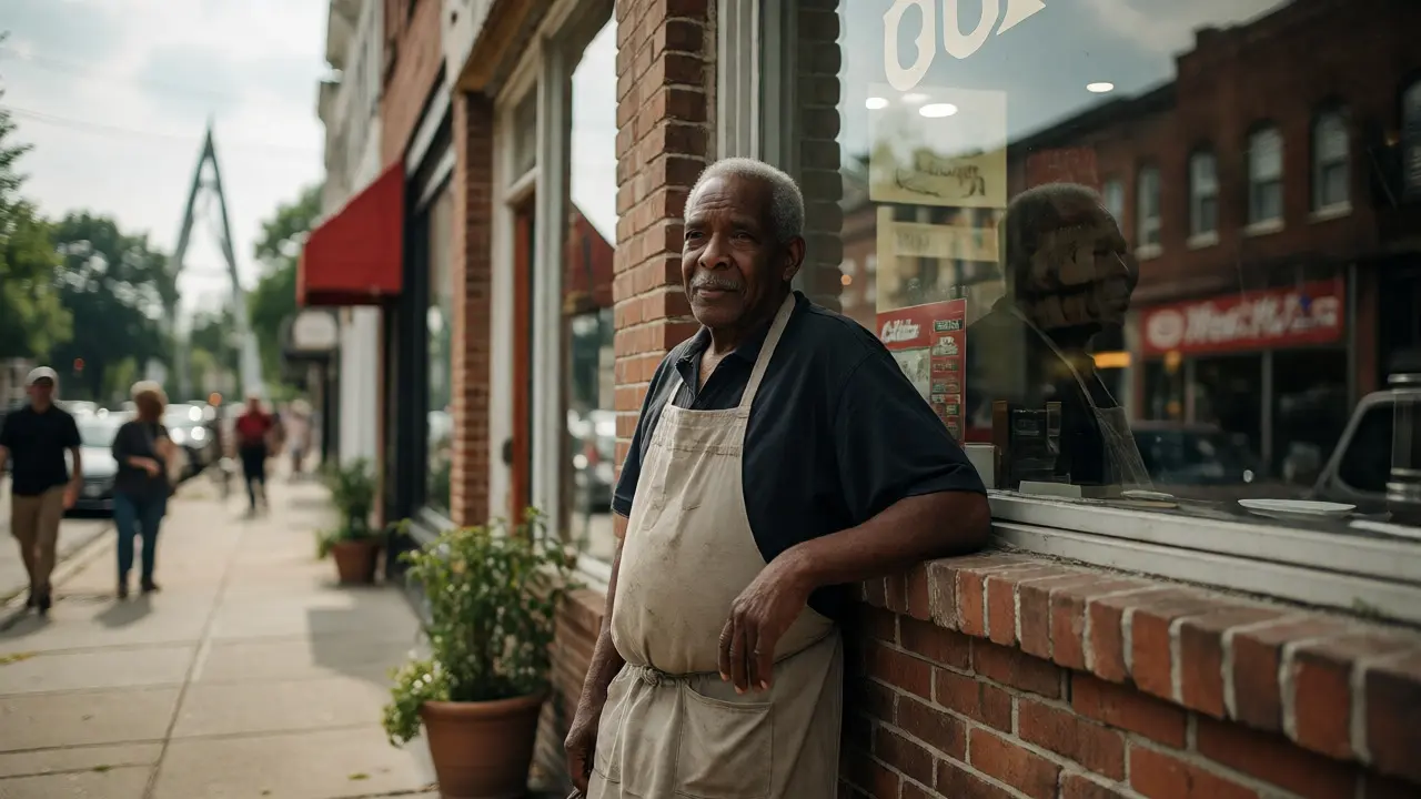 Local diner owner outside his shop in Woodlawn, contrasting with new cafes and the center in the distance.