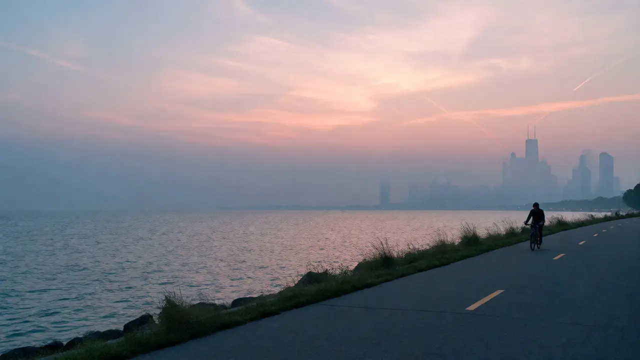 Lone cyclist on Lakefront Trail at sunrise overlooking Lake Michigan