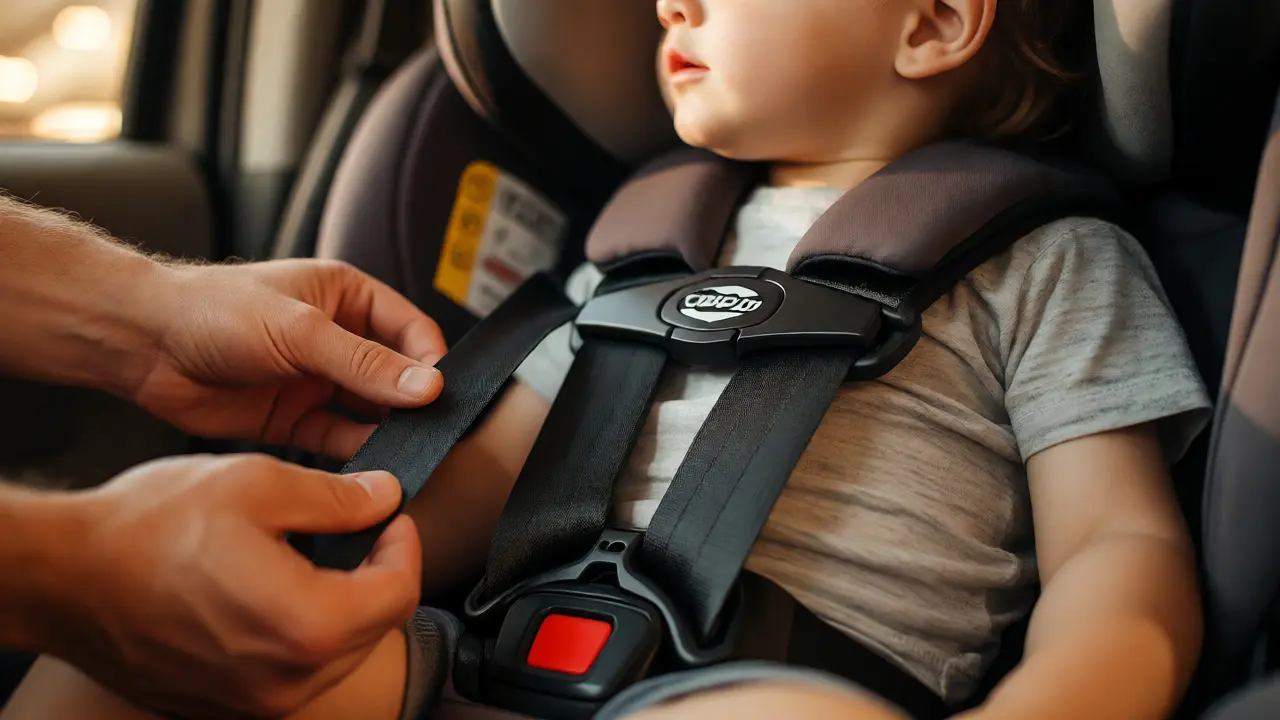 Parent performing the inch test on a forward-facing car seat harness