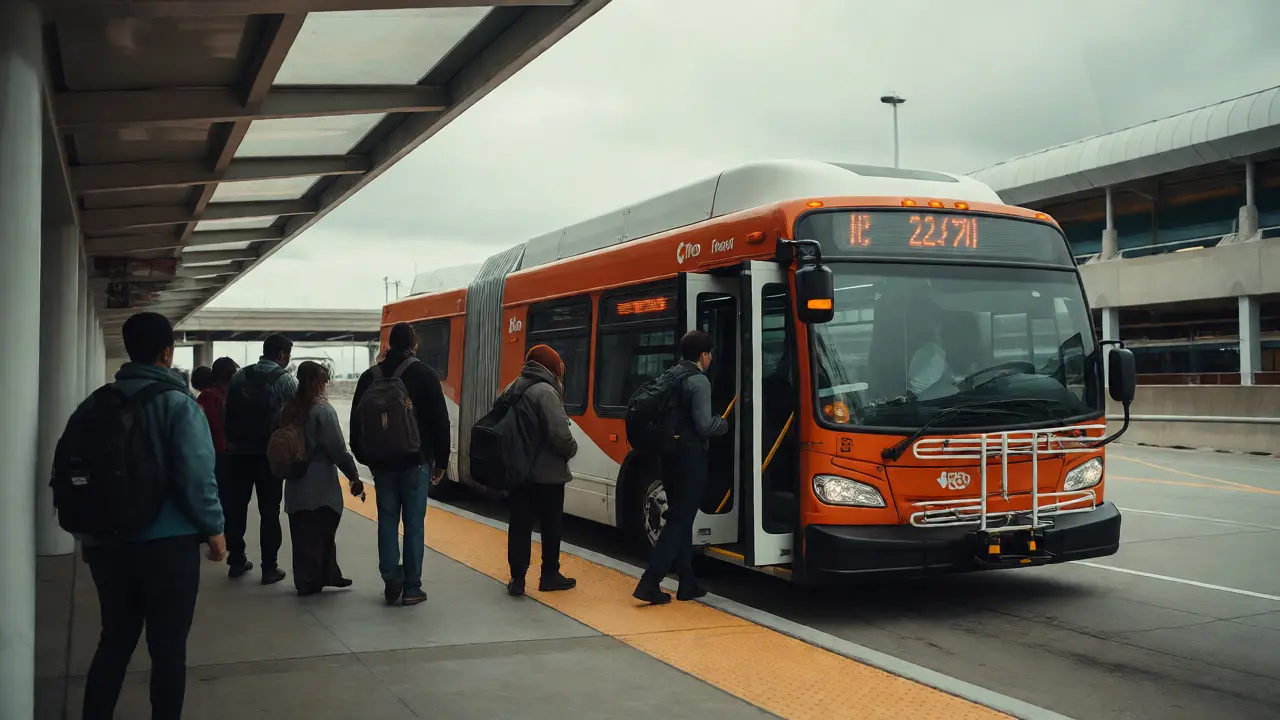 Passengers boarding free shuttle bus at Midway