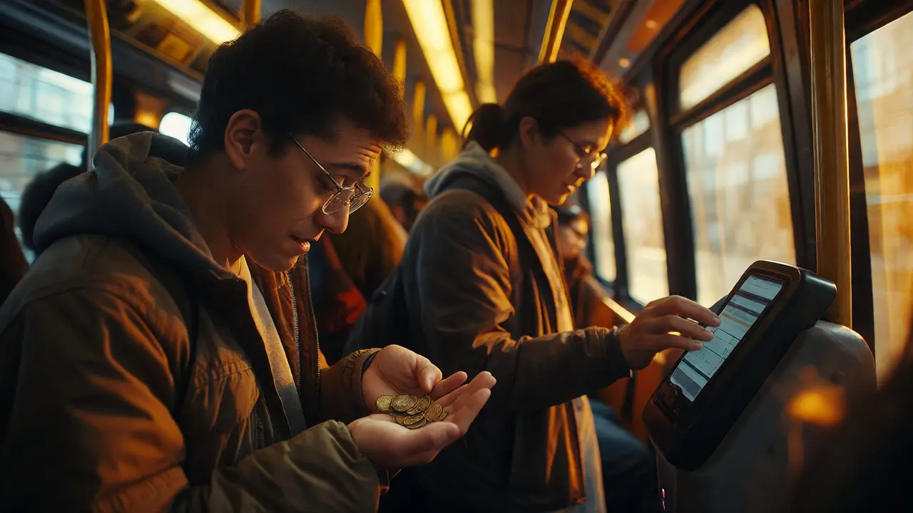 Passengers on a CTA bus comparing cash payment with mobile app tap.