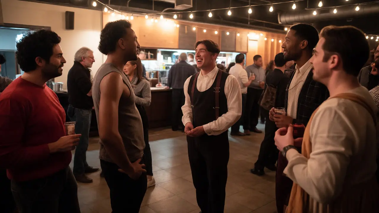 Patrons chatting with actors in a cozy theater lobby after a performance