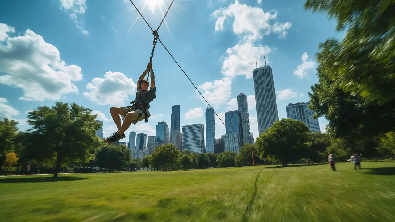 Person zip-lining over the grass at Maggie Daley Park with the Chicago skyline visible above.