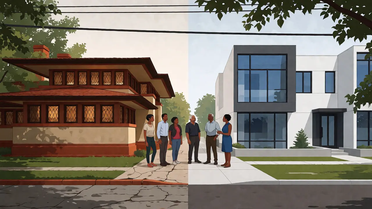 Residents discussing change between a historic Prairie School home and a new modern condo in Woodlawn.