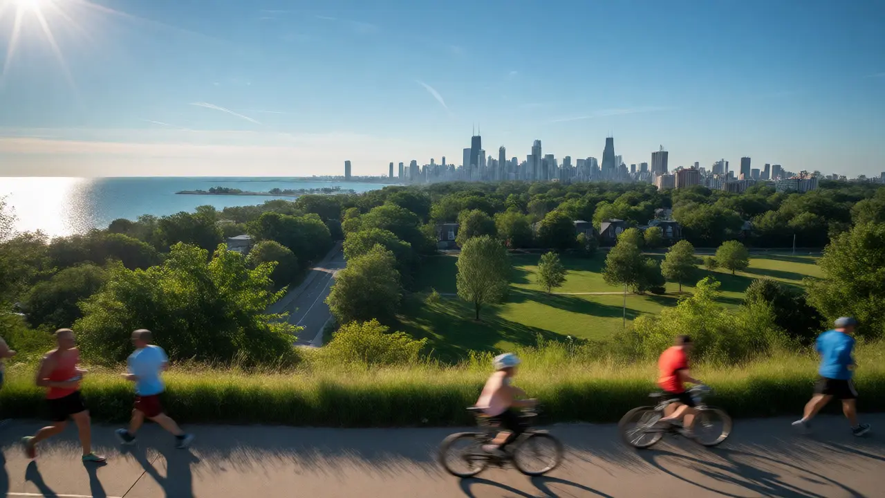 Runners on Chicago Lakefront Trail with Kenwood neighborhood in background