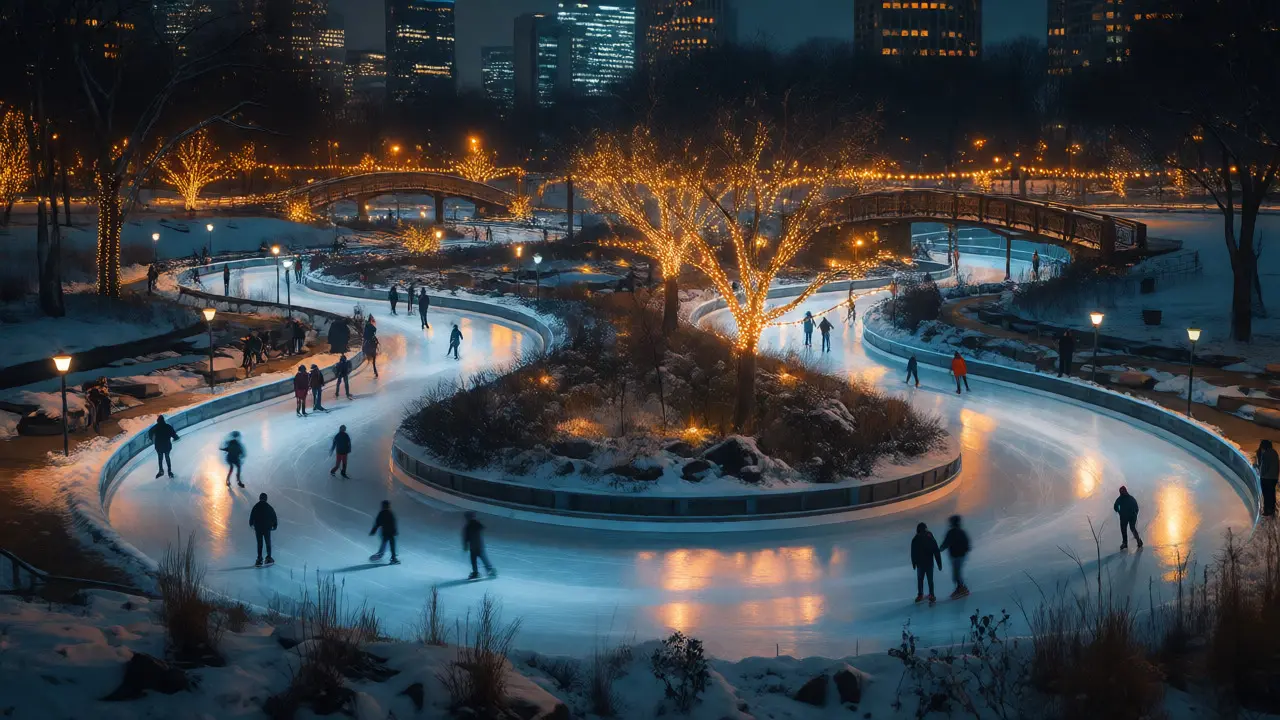 Skaters gliding on the illuminated Ice Ribbon rink at Maggie Daley Park on a snowy winter night.