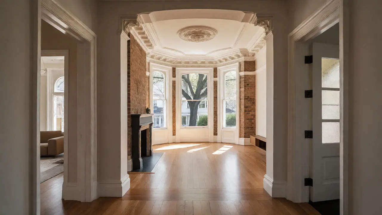 Spacious renovated Greystone interior with high ceilings and bay windows