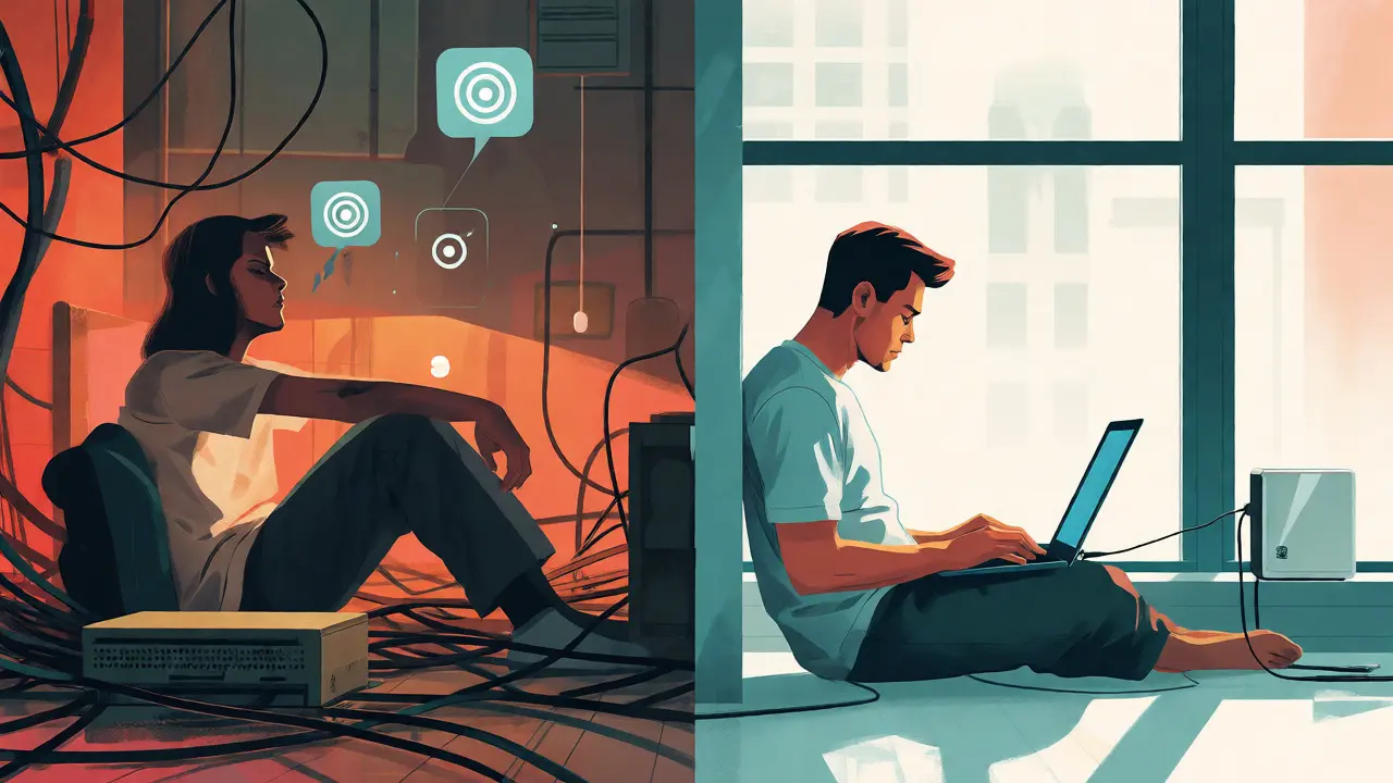 Split view comparing cluttered legacy internet setup with modern wireless access