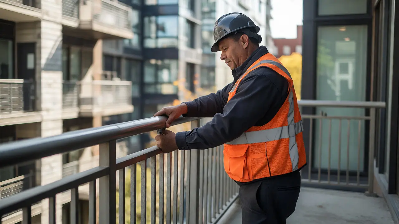 Structural engineer inspecting and testing the stability of a balcony railing
