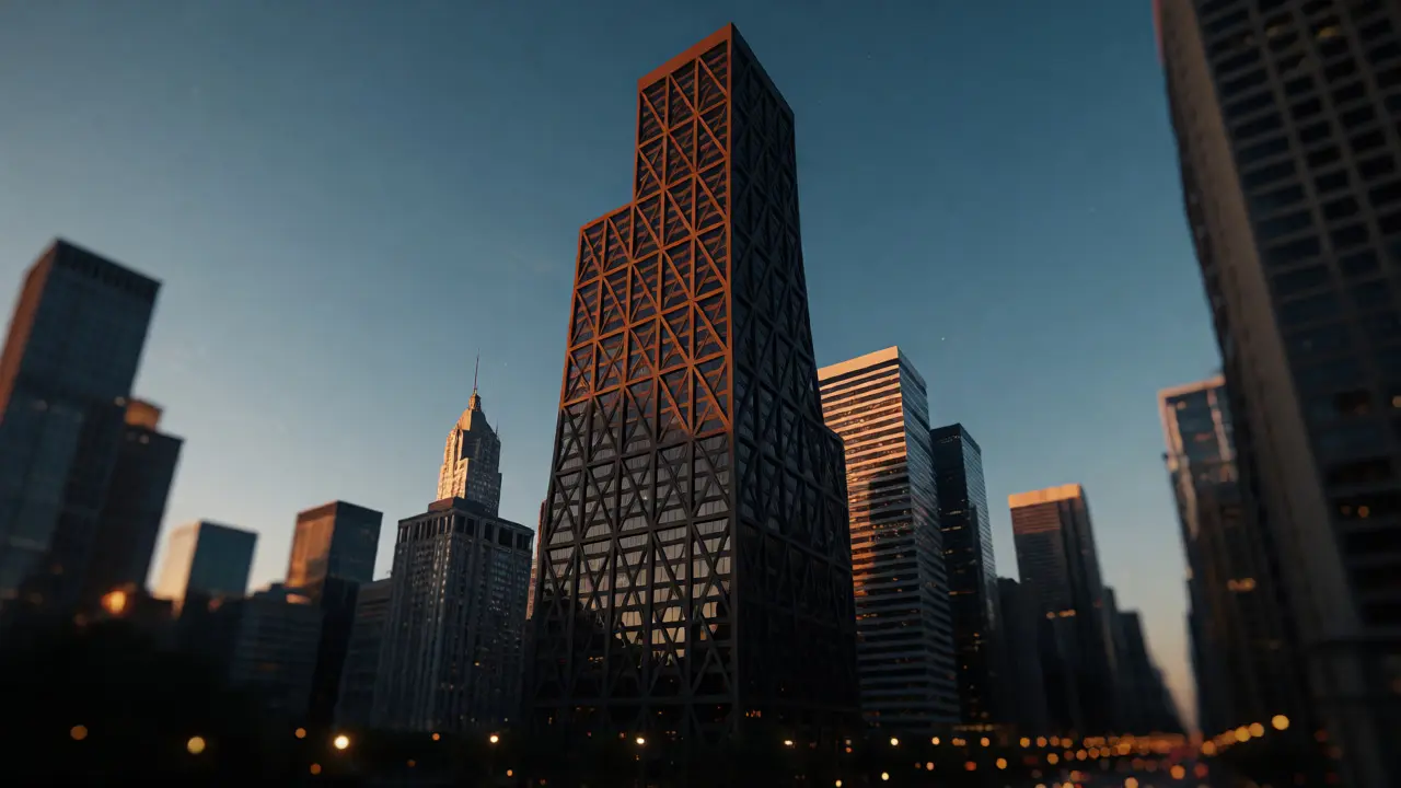 Sunset view of 875 North Michigan Avenue towering over the Chicago skyline with glowing trusses.