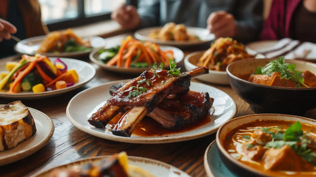Table full of global small plates including lamb ribs and goat curry
