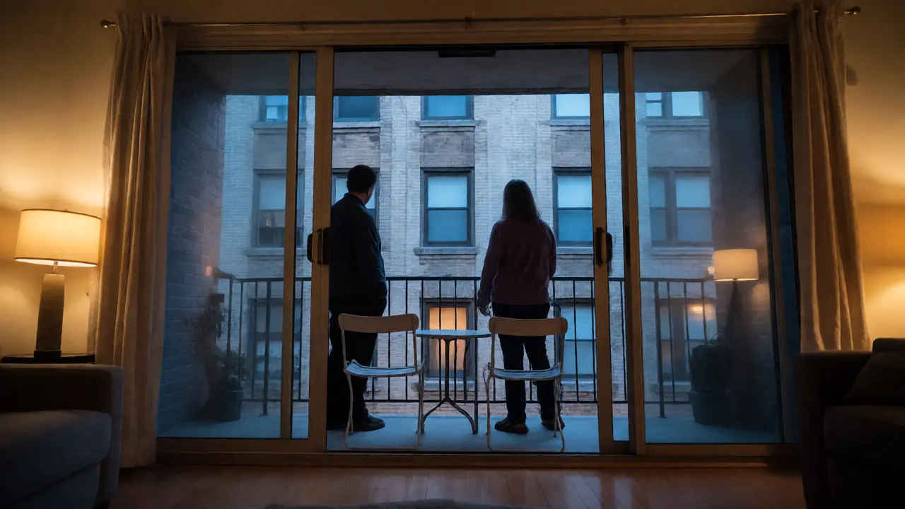 Two people standing safely on a furnished apartment balcony at dusk