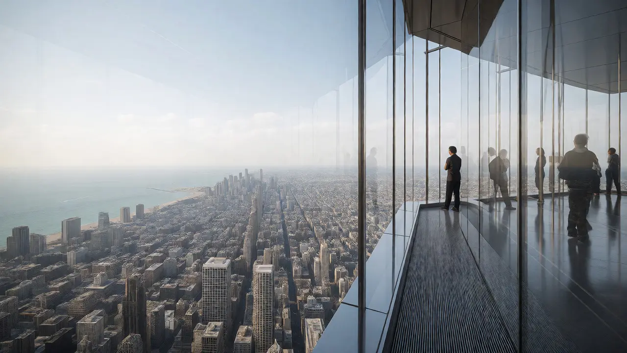 Visitors looking out from the high-rise observation deck of 875 North Michigan Avenue.