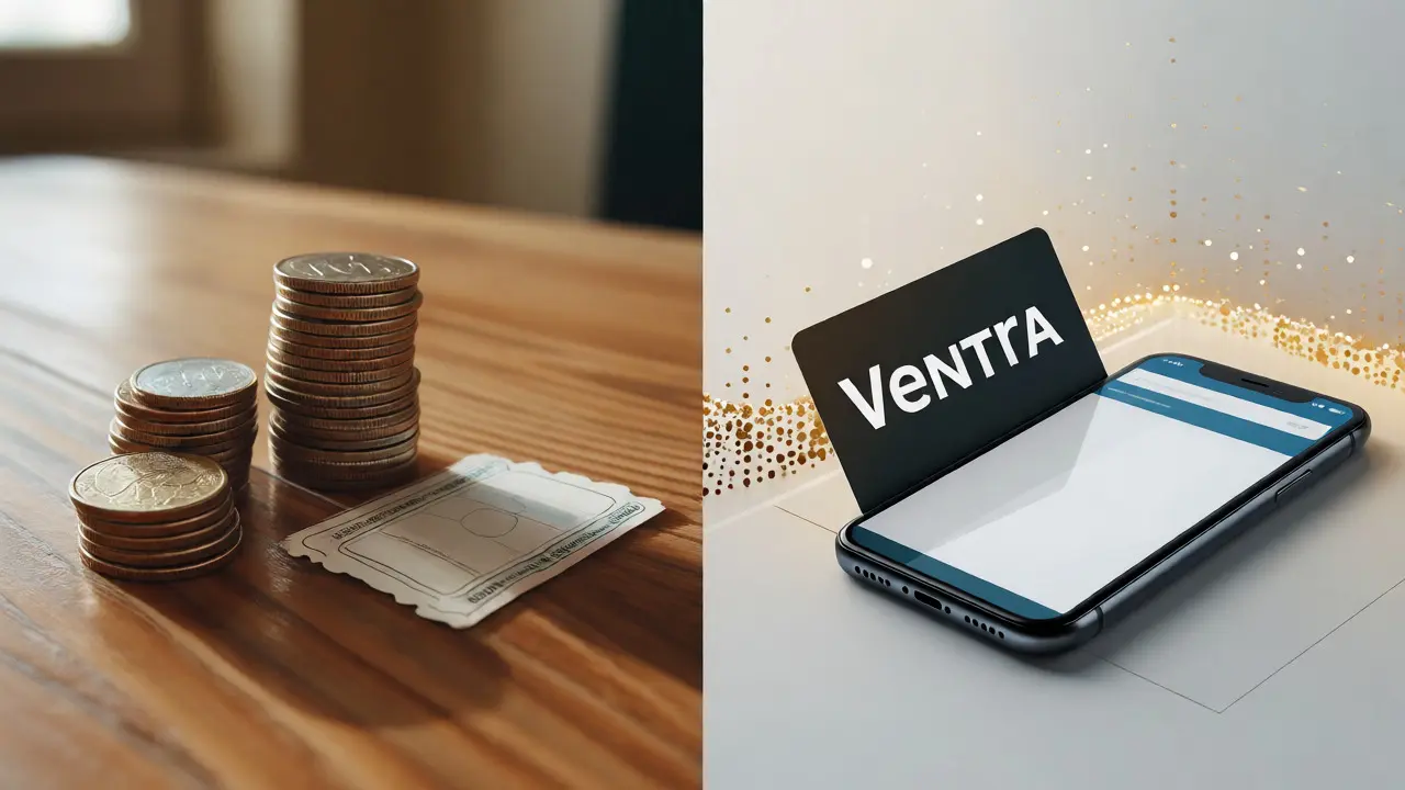 Visual comparison of cash tickets versus a Ventra card and phone.