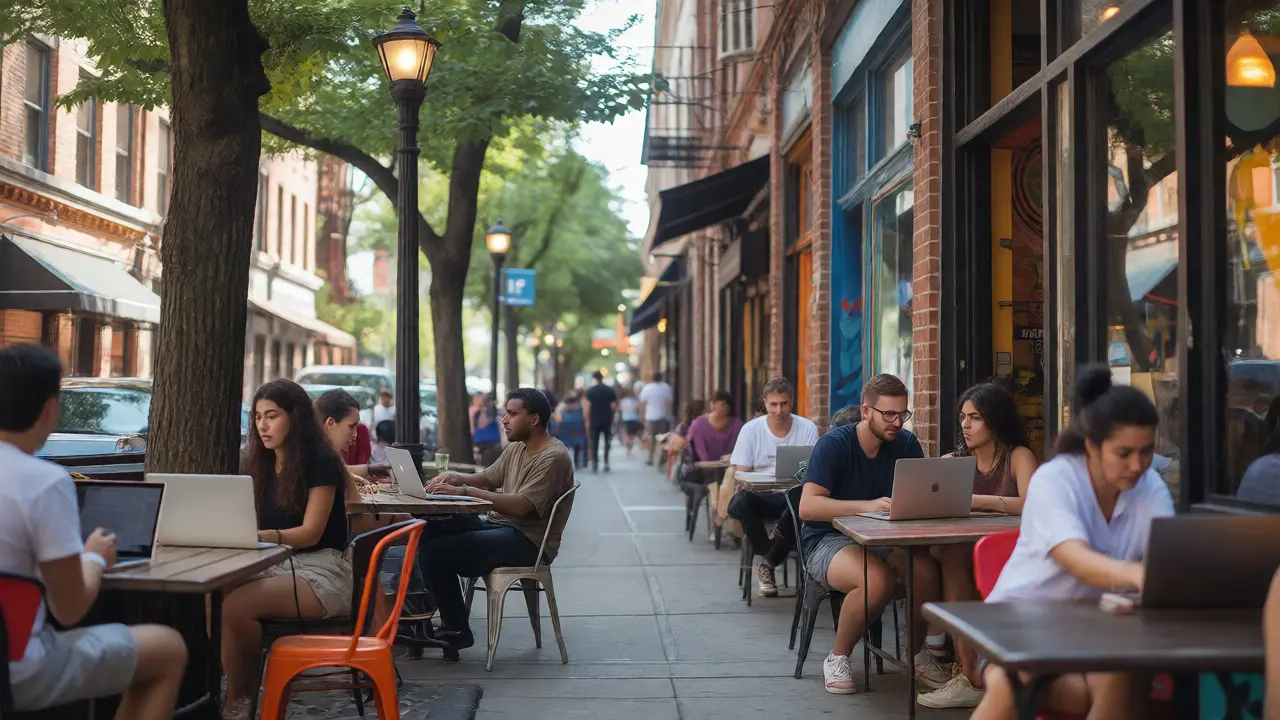 Young professionals working on laptops at outdoor cafes in Wicker Park